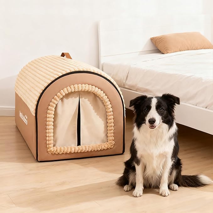 Dog House Indoor, Dog Beds with Privacy Door, Washable Pet Bed Tent, Warm Soft Dog Bed Cave,for Small Medium Extra Large Dogs (Brown, L)