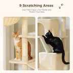 70.8" Tall Cat Tree for Indoor Cats Adult, 8-Levels Large Cat Tower with 8 Sisal Posts, 2 Hammocks, 2 Codons, Big Perch & 3 Pom Poms for Multi Cats Household– Plush Beige