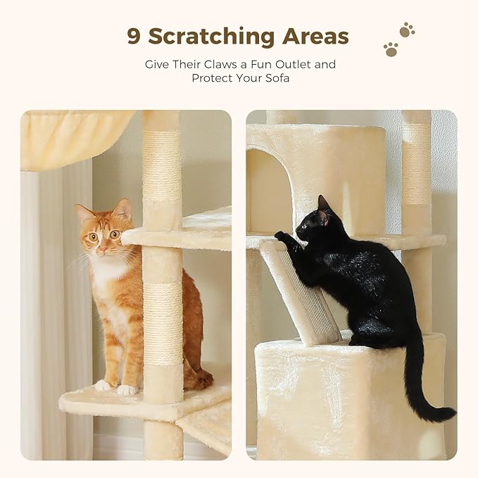70.8" Tall Cat Tree for Indoor Cats Adult, 8-Levels Large Cat Tower with 8 Sisal Posts, 2 Hammocks, 2 Codons, Big Perch & 3 Pom Poms for Multi Cats Household– Plush Beige