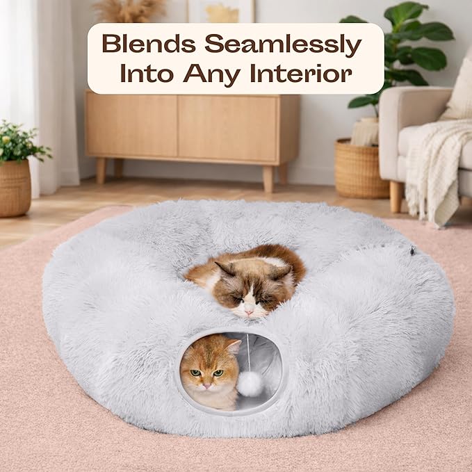 Meowfia Indoor Cat Tunnel with Donut Bed - Large Flexible Play Space for Multiple Pets - Circle or Snake Shape, Cozy Lounge (Grey)