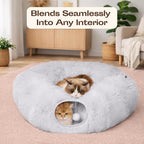 Meowfia Indoor Cat Tunnel with Donut Bed - Large Flexible Play Space for Multiple Pets - Circle or Snake Shape, Cozy Lounge (Grey)
