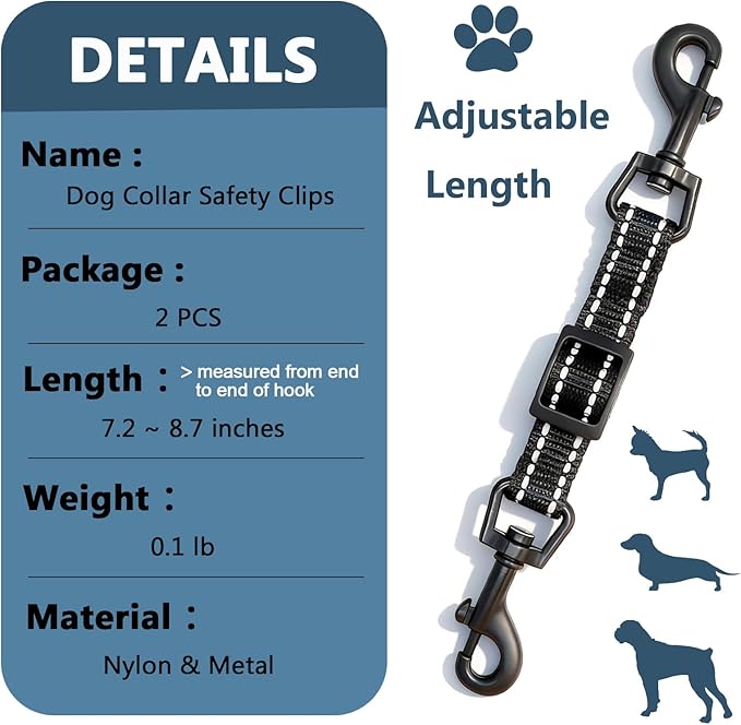 2 Pcs Dog Collar Safety Clips with Double Ended Clasps | Adjustable Collar Backup Clip for Dog Harness & Collars Connectors, Training for Walking, Running, and Hiking, Safety Clip - Black