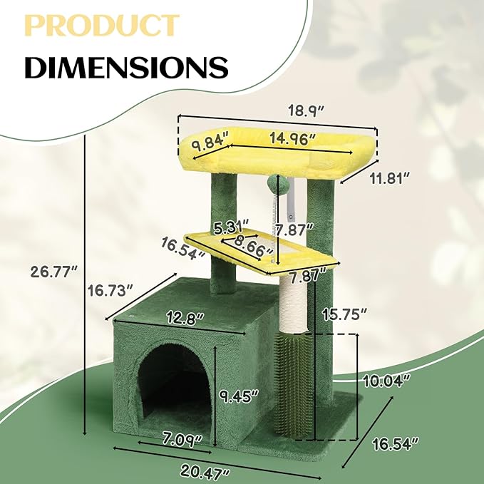 Outvita Cat Tree 27.5in Small Cat Tower, Multi-Level Cat Tree Tower with Cat Scratching Post and Pad, Cozy Cat Condo, Padded Top Bed for Kittens and Indoor Cats, Yellow & Green