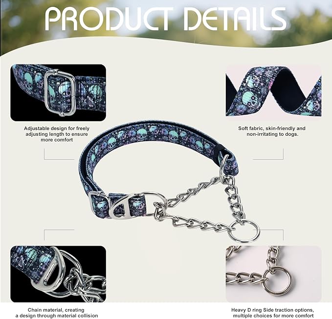 Martingale Dog Collar with Chain,Heavy-Duty Training Collar with No Buckle -No-Pull Dog Collar with Skull Pattern for Medium Large Extra Large and XXL Dogs (Skull XL)