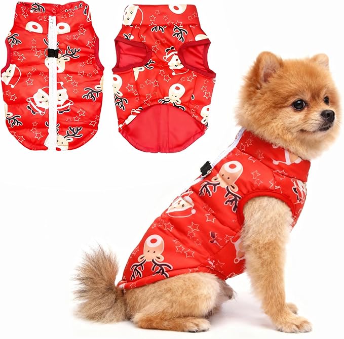 Idepet Pet Dog Cat Coat with Leash Anchor Color Patchwork Padded Puppy Vest Jacket Teddy Chihuahua Costumes Pug Cloth XS S M L(X-Small,Red-Santa&Reindeer)
