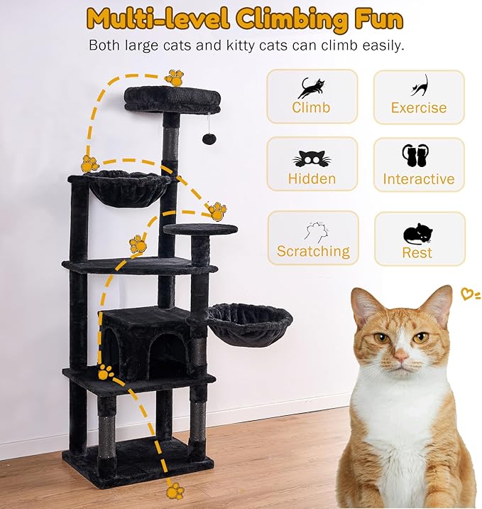 Tall Cat Tree,63in Multi-Level Cat Tower for Indoor Cats Large Adult,Gothic Cat Stand with Scratching Posts,Basket,Condo,Plush Perch,Cats Toys for Climbing,Interactive and Hidden,Black