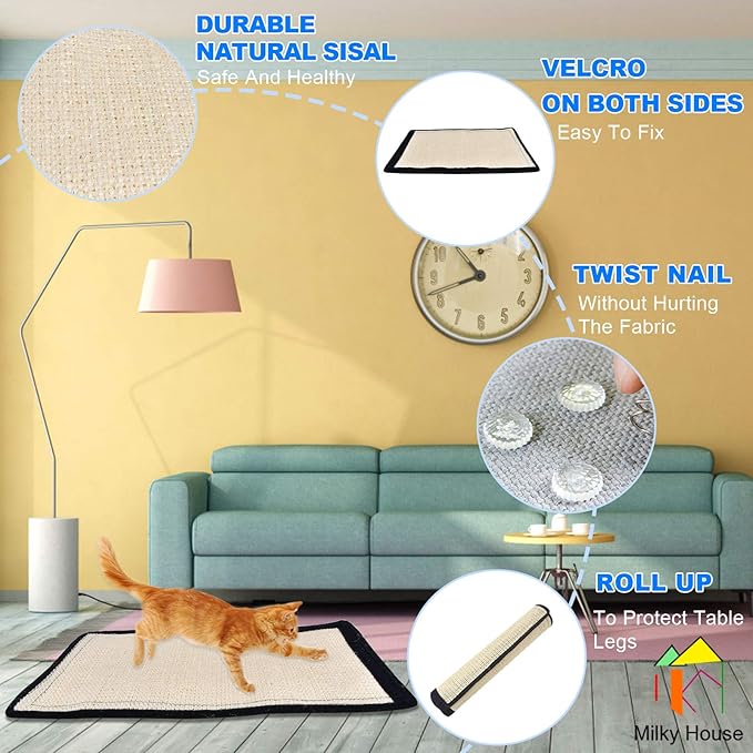 Cat Scratch Pad 2PK, Anti-Scratch Pads for Furniture, Kitty Scratching Bed, Post Tree Ramp Cardboard Replacement, Sisal Thin Scratcher Mat with Velcro Tapes Protecting Couch Chair Legs & Carpet 16X12”