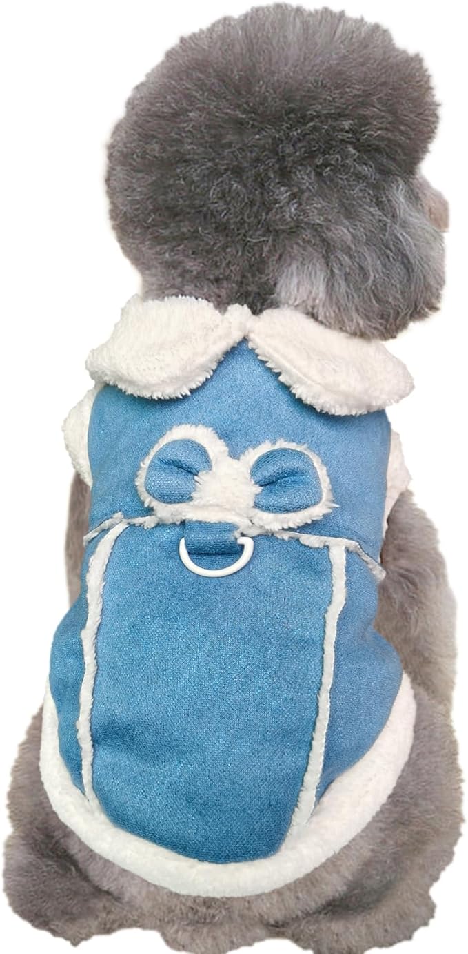 Jecikelon Bowtie Dog Cold Weather Coat Fleece Lining Warm Pet Puppy Turtleneck Dogs Winter Clothes for Small Dogs with D-Ring (Blue, Large)