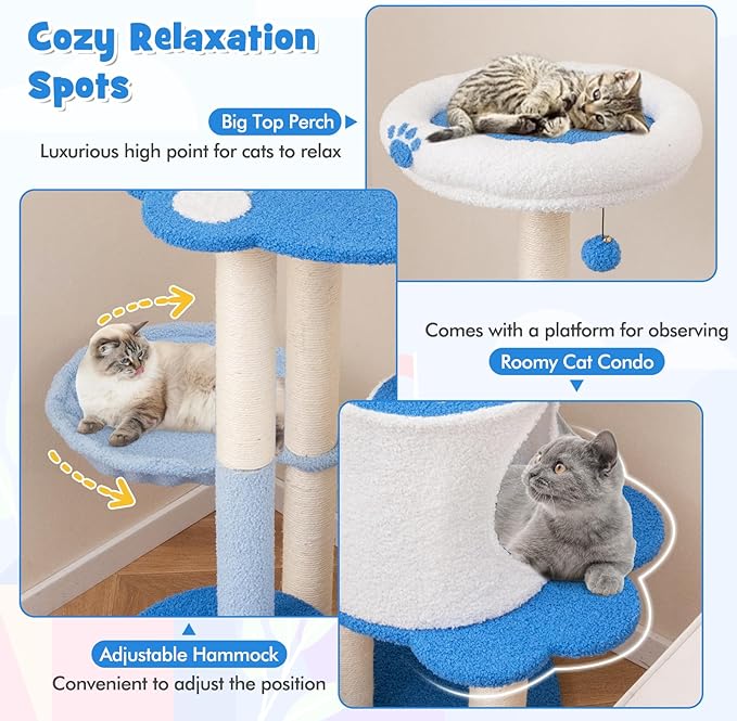 PETSITE 54 inch Cat Tree Tower, Multi-Level Modern Cat Tower with Sisal Scratching Posts, Jingling Ball, Top Perch, Side Hammock, and Cat Condo, Cute Blue Cat Tree for Indoor Cats