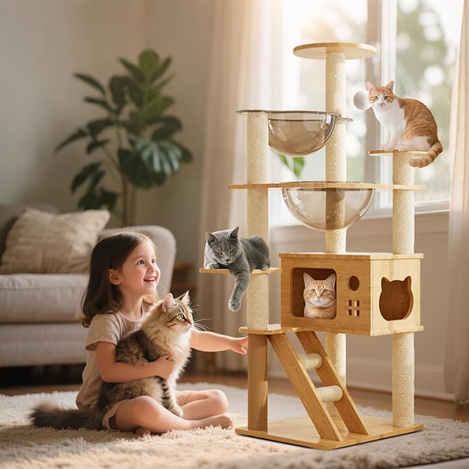 Large Cat Tree,131 Tall Wooden Cat Tower with Spacious Cave,2 Transparent Space Capsule,8 Fully Scratching Posts and Natural Wood Posts, Kitty Condo with Multi-Layer Platform