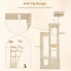 Heybly Cat Tree, 71-Inch Tall Cat Tower for Large Maine Coon Cats with Extra-Large Baseboard, Cat Condo Furniture with Multi-Level Platforms, 2 Hammocks and 12 Scratching Posts, Beige HCT037M