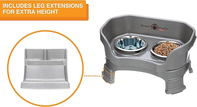 Neater Feeder Deluxe Mess-Proof Elevated Dog Bowls for Small Dogs (Up to 19 lbs), 2 Height Adjustable (6” & 7.5”) No-Spill Raised Dog Bowl Stand, Stainless Steel Food Bowl Set, Made in USA, Grey