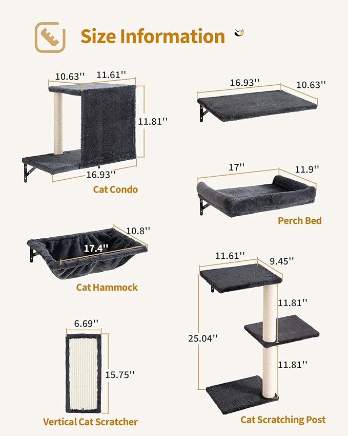 Heavy Duty Cat Wall Shelves for Large Cats, 6-in-1 Cat Furniture Set with 17" × 11.9" Large Perch Bed and Hammock, Cat Climbing Wall Systems with Vertical Cat Scratcher