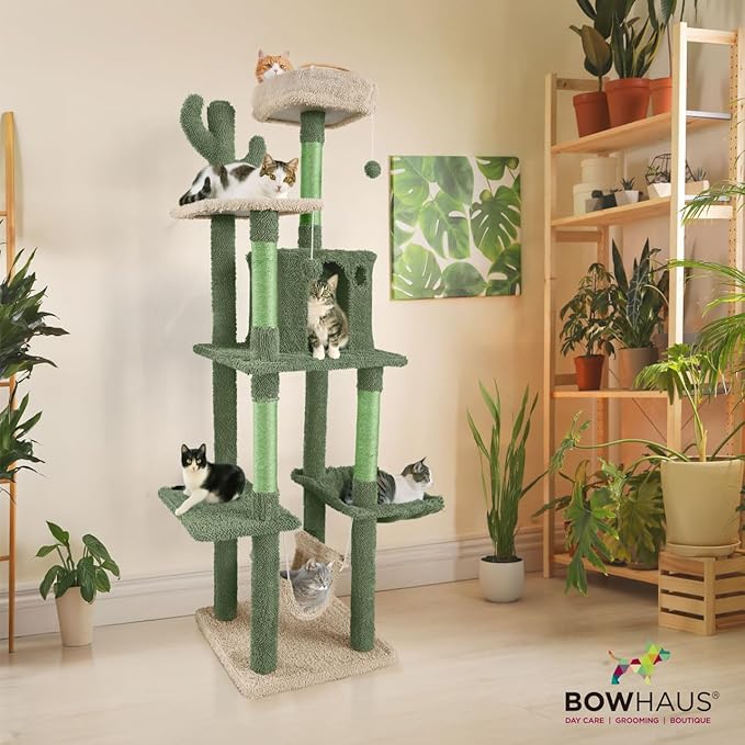 Cactus Cat Tree, Multi-Level Cat Activity Tree with Plush Perch, Scratching Posts and Ramp, Cat Cave Condo for Large Cats and Kittens, 70-Inch