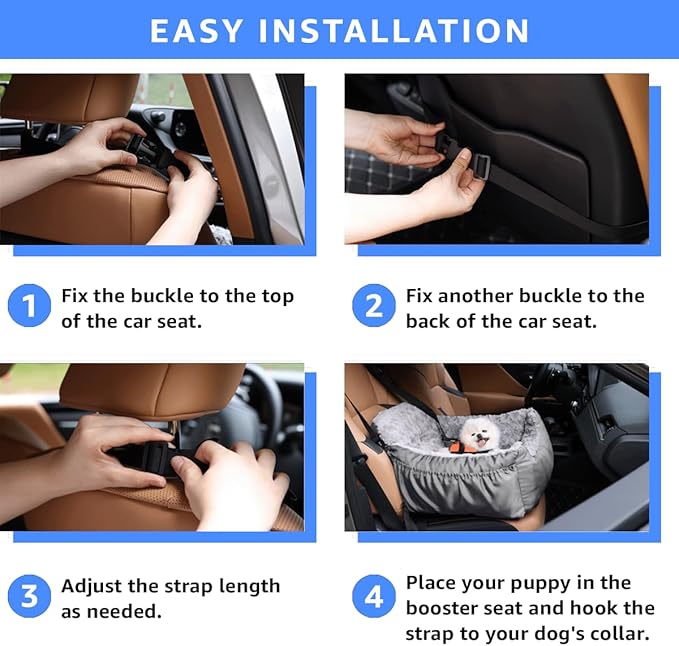 Dog Car Seat for Small Dogs, Washable Pet Booster Seats with Clip-On Safety Leash, Comfy Deluxe Plush Carseat with Pockets, Puppy Car Travel Carrier Bed for Dogs Under 25 lbs, Light Grey