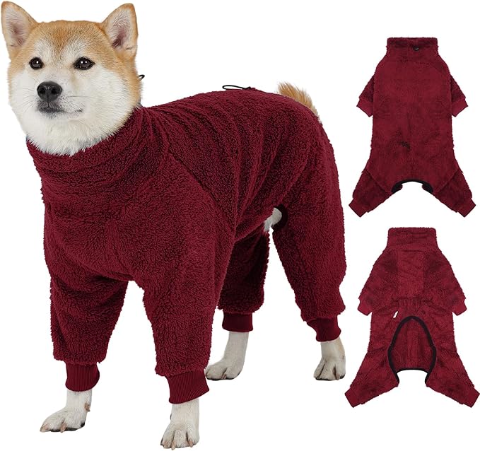 ROZKITCH Soft Dog Winter Coat, Fuzzy Pullover Dog Fleece Pajamas, Warm Fleece Windproof Cold Weather Jacket Cozy Jumpsuit Outfit 4 Legged Sweater Red M