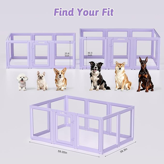 DIY Clear Acrylic Dog Playpen House,Quick Easy Assembly and Disassembly,Strong Floor Suction,Indoor and Outdoor Use,Easy Cleansing Puppy Fence (Purple, 23.6" H, 10PCS)