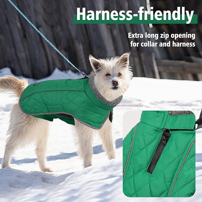 Fragralley Dog Coat Large, Waterproof Dog Jacket with Warm Fleece Lining, Adjustable Reflective Dogs Winter Coat, Turtleneck Pet Coats for Cold Weather (Green XXL)