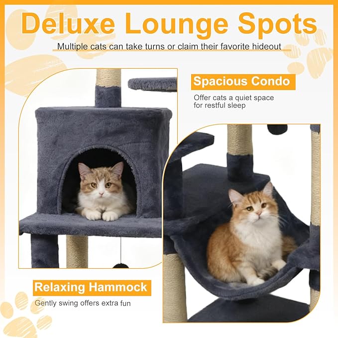 DORTALA Cat Tree for Indoor Cats, 58" Tall Cat Tower with Top Perch, Condo, Hammock, Sisal Scratching Posts, 3 Dangling Balls, Platforms, Multi-Level Pet Climbing Furniture Playground (Grey)