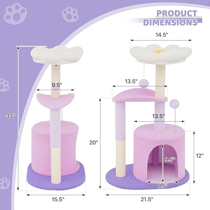 Magshion Flower Cat Tree for Indoor Cats, 33" Cute Cat Tower with Scratching Post, Condo, Top Flower Perch and Dangling Balls, Compact Cat Stand for Kittens, Purple