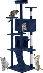 24/7 Shop at Home Court 70 inch Multi-Level Cute Cat Tree Tower with Dangling Ball and Scratching Posts for Indoor Cats Adults, Kitten Supplies, Pet House, Navy Blue