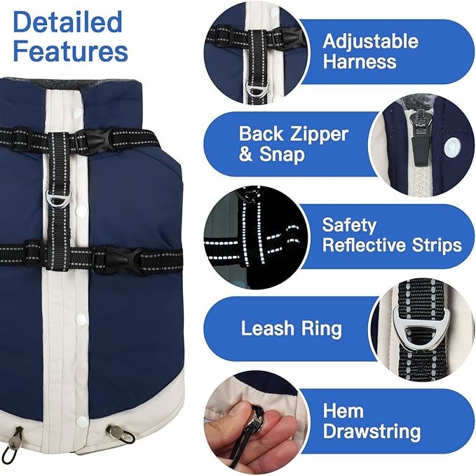 XL Winter Coat for Medium Dogs,Reflective Harness Built in | Turtleneck Dog Snowsuit with Sleeves for Snow Day Keep Warm,Outdoor Activities Water-Repellent & Windproof Jacket (Navy-Blue)