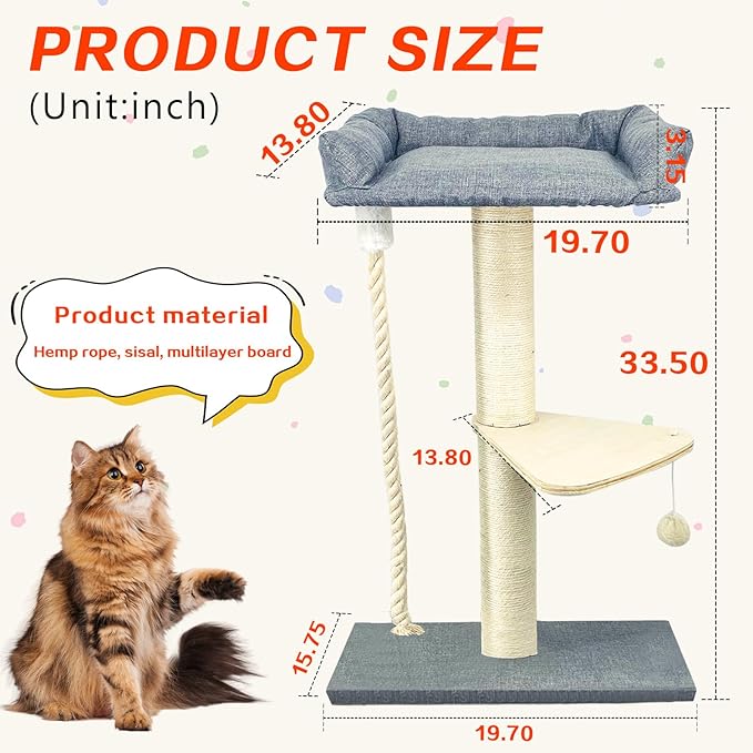 35" Cat Tree Tower for Indoor Cats, Tall Cat Scratching Post with Large Bed for Maine Coon Big Cats, Sisal Cat Scratcher with Soft Perch & Hammock, Stable Cat Stand, Gray