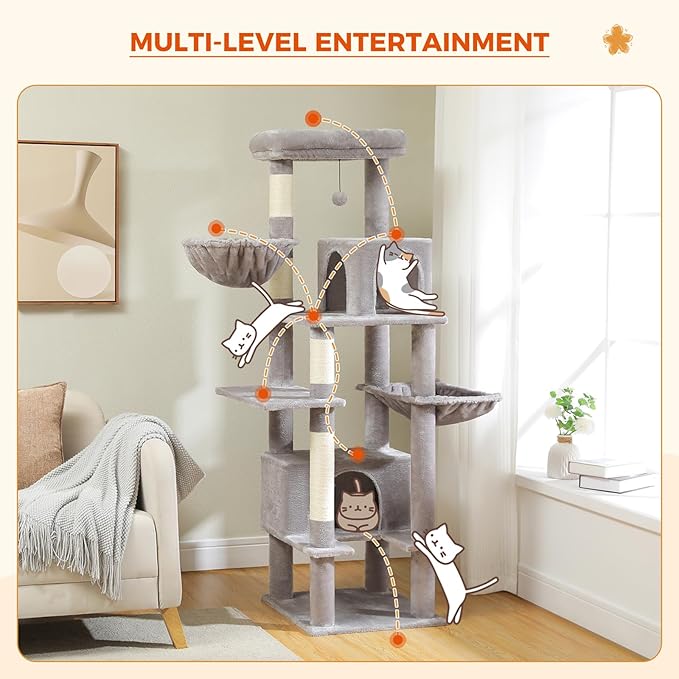 PEQULTI 66" Cat Tree for Indoor Cats, Tall Cat Tower for Large Cats with Scratching Post, Super Large Metal Hammock and 2 Big Condos, Grey