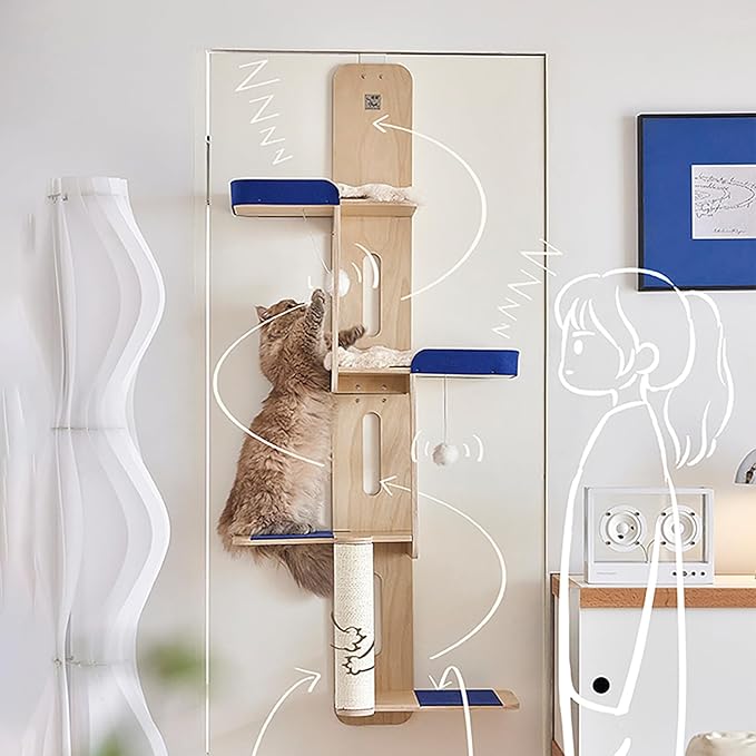 4-Level Door Hanging Cat Climber Door Mounted Vertical Cat Tree Tower with Felt Planks & Velvet Pads for Indoor Cats with Non-Marking Installation (60“H x 24.4" L x 13.4" W)