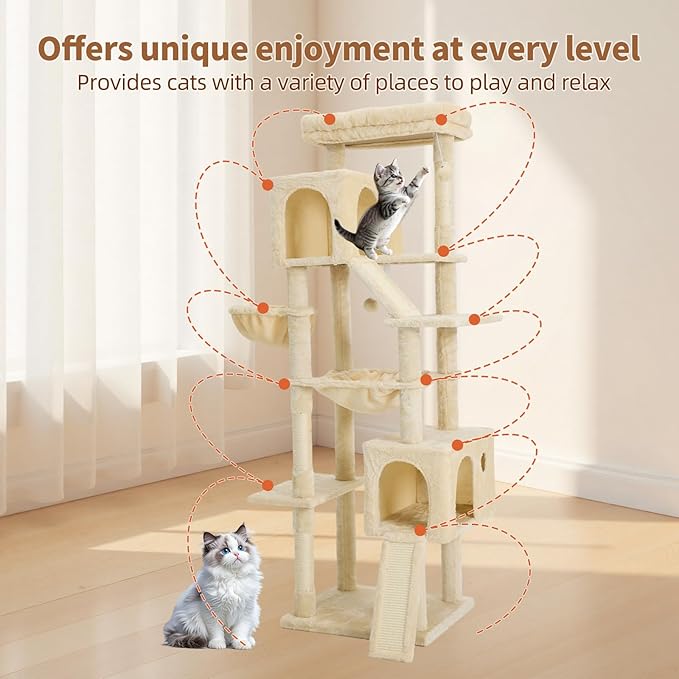68.9-inch (175cm) Multi-Level Cat Tree with 2 Scratching Boards, 2 Plush Beds, Hammock & Toy Ball for Indoor Cats(Beige)
