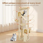 68.9-inch (175cm) Multi-Level Cat Tree with 2 Scratching Boards, 2 Plush Beds, Hammock & Toy Ball for Indoor Cats(Beige)