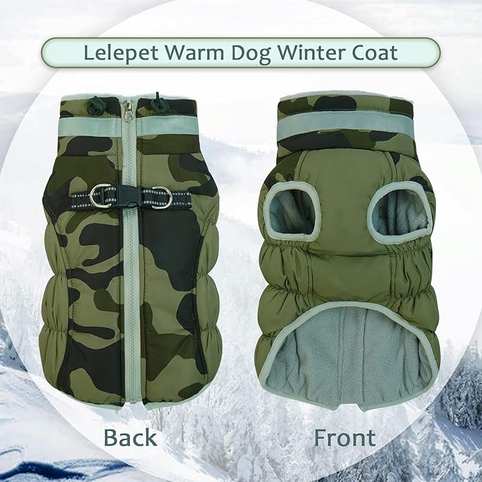 Lelepet Dog Coat Warm Dog Winter Coat Waterproof Dogs Jacket with Harness Built in Reflective Pet Fleece Vest Zip-Up Cold Weather Coats for Large Dogs Turtleneck Windproof Coats Pitbull Green Camo 2XL