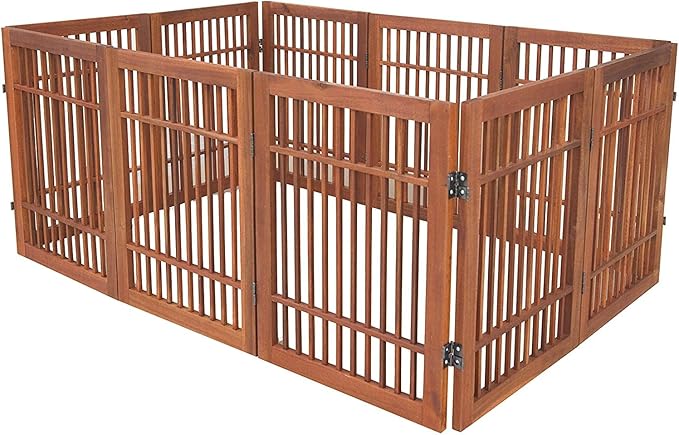 Urnporium Pet Dog Gate Freestanding, Strong Durable Folding Wooden Fence, Portable Acacia Hardwood Safety Barrier for Indoor & Outdoor Use (Brown Pet Gate, 10 Panel 24" Tall)
