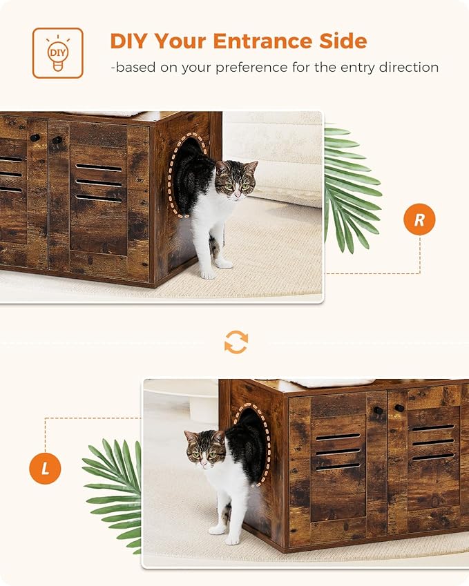 Cat Tree with Litter Box Enclosure, 50" Modern Cat Tree for Large/Fat Cats with Cat Condo, Wooden Cat Furniture with Large Hammock and Top Perch, Rustic Brown