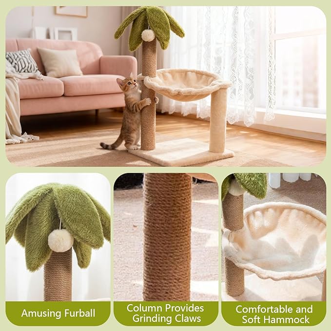 Simcat Kitten Tree with Plush Perch, Soft Hammock,and Paper Rope Scratching Posts, Stable Cat Stand，Durable Scratch Posts for Indoor Small Cats, 12.2 x 12.2 x 21.65 Inches, Beige
