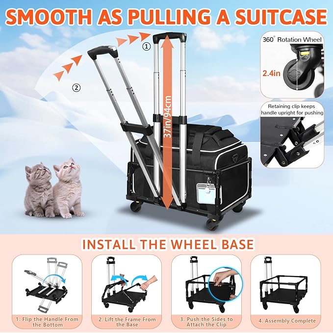 Petskd Top-Expandable Small Pet Carrier with Wheels(18" L x 13" W x 9.5" H), Southwest Airlines Approved, Rolling Pet Carrier for Small Dogs & Cats (Black)