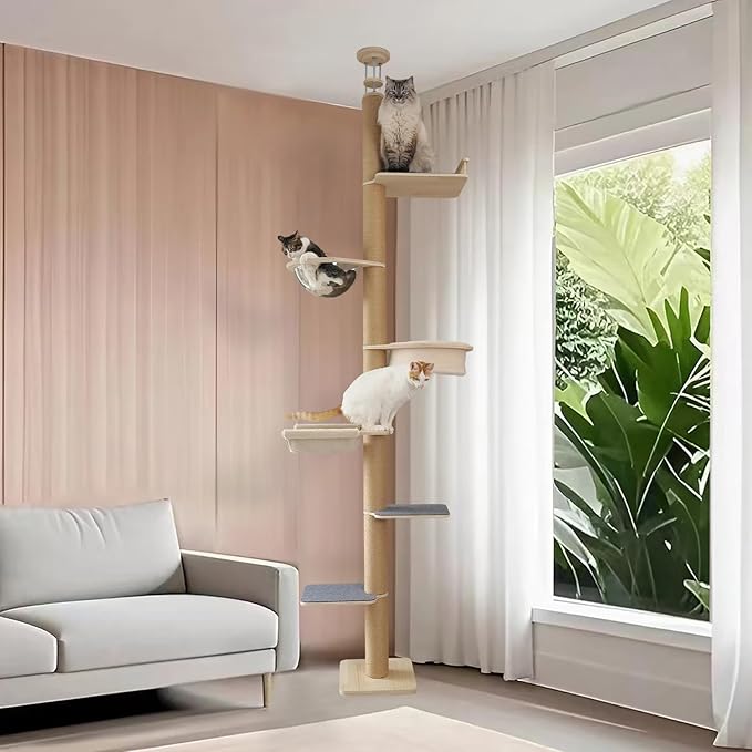 Floor-to-Ceiling Cat Tree Adjustable Height 50-122 Inches 9-Pillar 6-Tier Activity Center with Hammock SisalScratching Posts Plush Perches Multi-Level Climbing & Scratching Cat Furniture