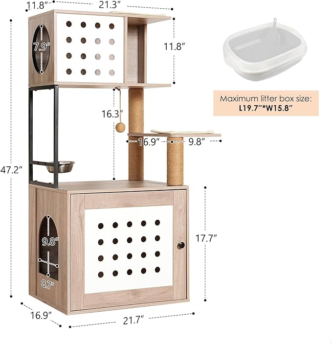 Modern Cat Tree with Litter Box Enclosure, Multi-Level Cat Tower for Indoor Cats with Hammock, Bed, Feeding Station & Scratching Posts, Space-Saving Pet Furniture, Gray