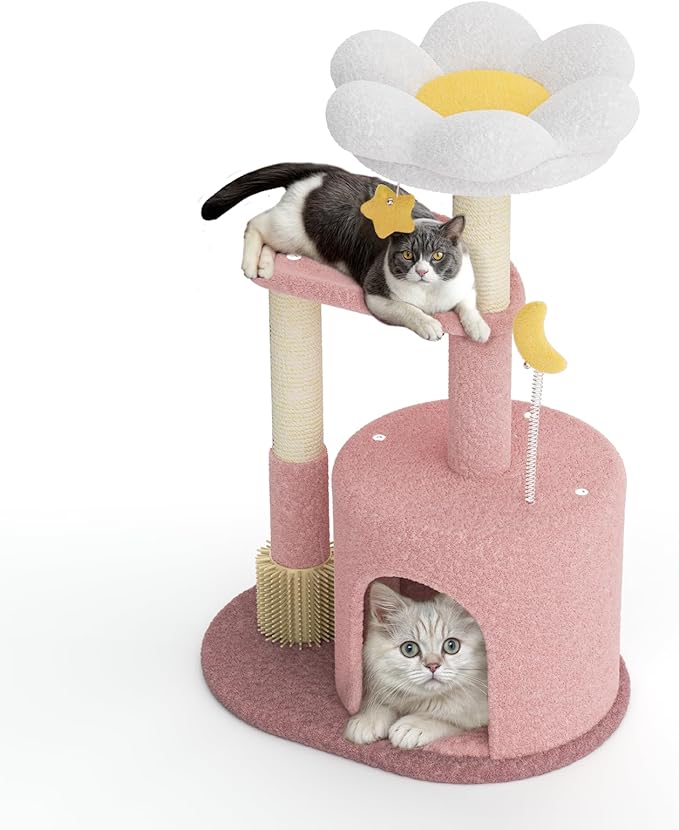 Magshion 33" Flower Cat Tree for Indoor Cats, Compact Cat Tower with Condo, Scratching Posts, Flower Perch & Dangling Toys for Kittens & Small Cats, Cute Cat Furniture Stand, Pink