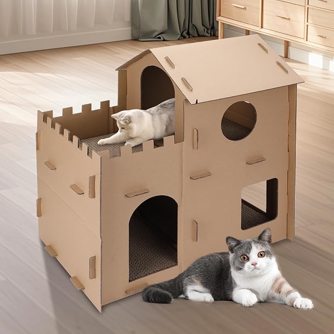 Cardboard Cat House for Indoor Cats, Multi-Level Scratcher Condo with Corrugated Scratch Pads, Hideout Bed for Large Cats, Rabbits, Small Pets, 20.6x13.3x19.8 inches