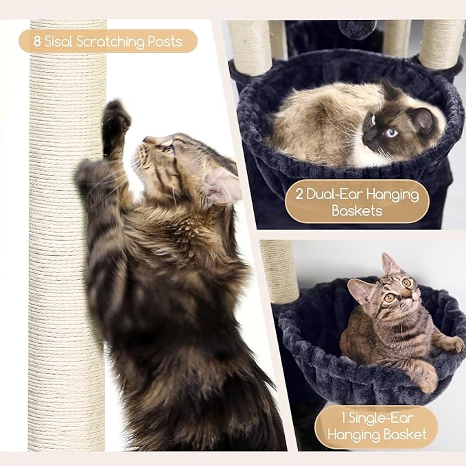 Globlazer Extra Large Cat Tree Tower, 82in Tall Heavy Duty Cat Tree for Indoor Cats Large Adult Big Cat Tower with 8 Scratching Posts, 2 Cat Condos, 2 Padded Perches, 3 Hanging Baskets, S82, Dark Gray