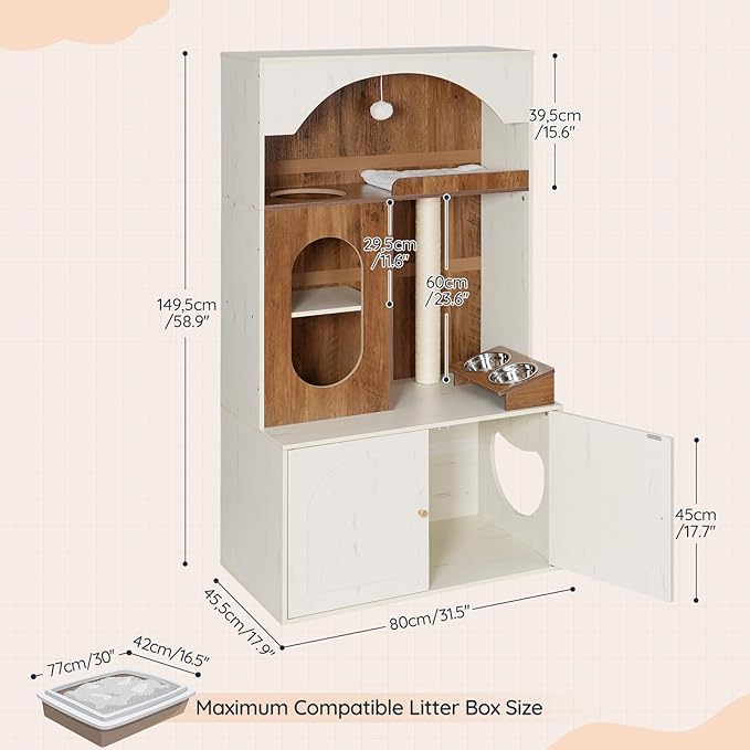 HOOBRO Cat Tree with Litter Box Enclosure, 58.7"H Hidden Cat Litter Enclosure Furniture, All-in-One Modern Cat Tree with Food Bowl, Sisal Scratching Post, and Dangling Ball, White and Walnut WH82MZ03