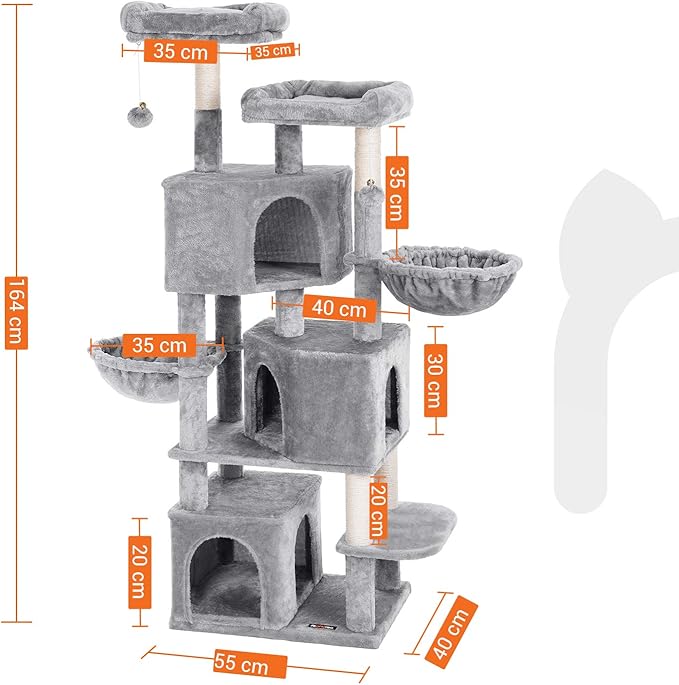 FEANDREA Large Cat Tree with 3 Cat Caves, 164 cm Cat Tower, Light Grey PCT98W