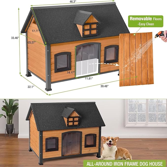 GUTINNEEN Large Dog House Outdoor & Indoor Dog Cage with All-Around Metal Frame,Waterproof Dog Kennel for Small,Medium,Large Dogs