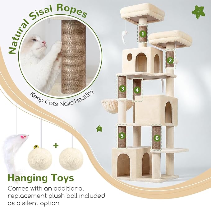 Globlazer Cat Tree Tall, 71 inches Cat Tower for Indoor Adult Cats Multi-Level 3 Condos for Indoor Cats XL Cat Tree Tower with Scratching Posts, Soft Extra Large Hanging Basket, F71, Beige