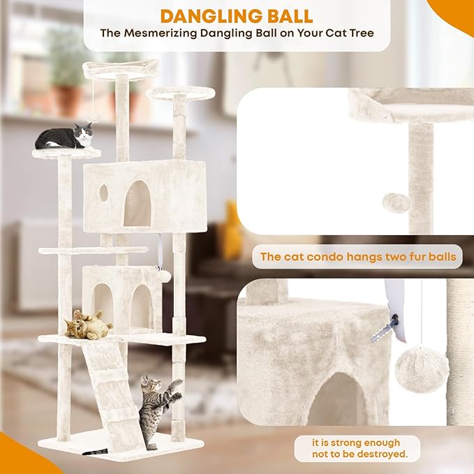 70in Cat Tree for Indoor Cats, Cat Tower with Cat Scratching Post, Multi-Level Cat Furniture, Cat Tower with Funny Toys for Kittens-Beige