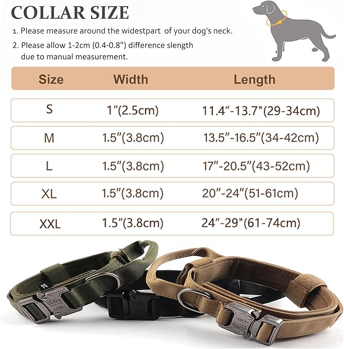 Tactical Dog Collar, Adjustable Military Training Nylon Dog Collar with Control Handle and Heavy Quick-Release Metal Buckle for Small Medium Large Dogs, Green XXL