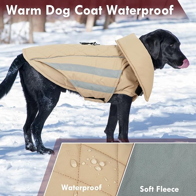 Dog Coat for Large Dogs Waterproof Winter Jacket with Harness Hole Turtleneck Hook & Loop Snowsuit Warm Fleece Dog Jacket for Cold Weather Windproof, Khaki XL