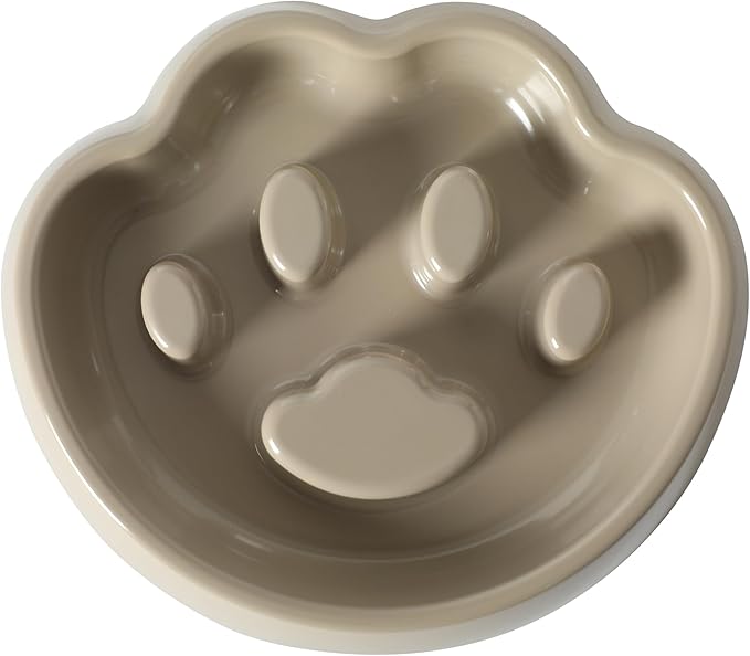 Gibson Home Curious Canines 9” Slow Feeder Dog Bowl, Paw Shaped Melamine Anti-Gulp Pet Bowl, Non-Slip, Dishwasher Safe, Taupe