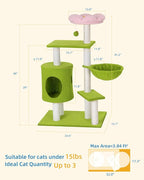 41.2'' Flower Cat Tree with 3 Scratching Posts, Small Cat Tower Cute for Indoor Girl Cat, Cozy Condo Cave Hammock Perch Bed for Kitten Pet, Green